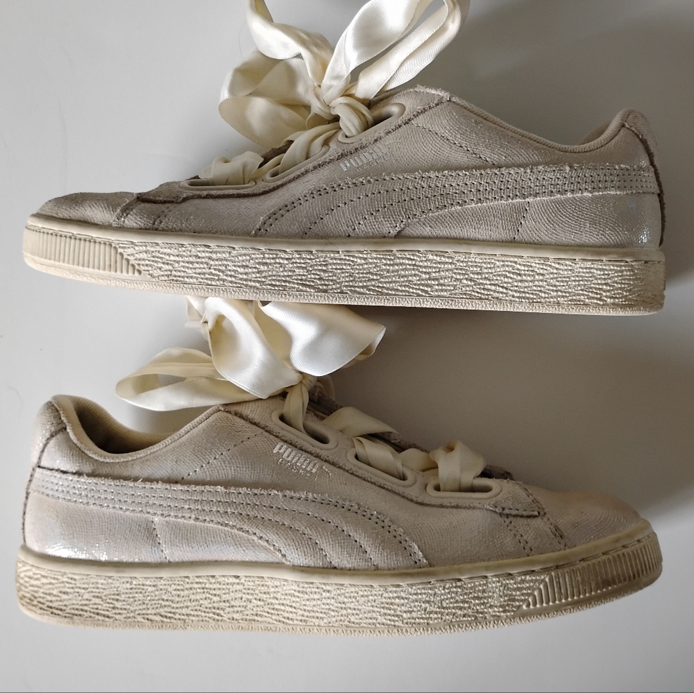 Puma Basket Satin Bow White Sparkle Classic Low Profile Retro Vibe Size 7.5 - Picture 10 of 12